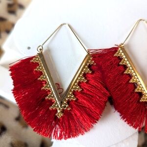 Red and gold fringe earrings. Hook style